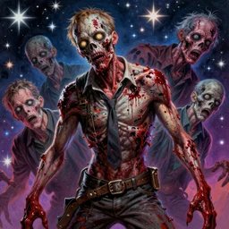 hyper detailed masterpiece, star pattern, jean giraud, damaged bloody zombie, vibrant, digital art painting, beautiful, psychedelic, artgerm, donato giancola, tom bagshaw