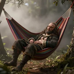 hellboy sleeping in paraguayan hammock + rembrandt lighting, 1 6 k, octane render, mist, fog, haze