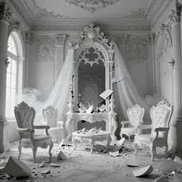 explosion of a Gothic baroque white porcelain room furnished with baroque furniture made of white porcelain and white veils, everything is shattered. trending on artstation, sensual gloomy, volumetric clouds, unreal render, depth of field