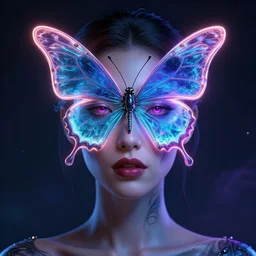 a portrait of a beautiful woman with a neon butterfly covering her face head, fixed eyes, cult secret society art by james paick, and shaddy safadi, ominous, cosmic magic, trending on artstation, ultra detailed, hyper realistic 4 k, octane, cinema 4 d, c 4 d, 3 d render