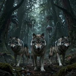 an epic action photorealistic masterpiece of a rabid wolfpack in a forest made of nightmares horrific digital art extremely moody lighting, style of greg rutkowski and hyung - tae kim tre, artstation, cgsociety, 8 k, cinematic, unreal engine, octane render, illustration digital painting, art by wlop
