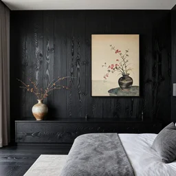 bedroom, stone, interior design, stylish luxury bedroom design, yakisugi, black vertical slatted timber, textures, feminine, black walls, art, japanese pottery vase with flowers, ikebana, kakejiku, seasonal, japanese influences