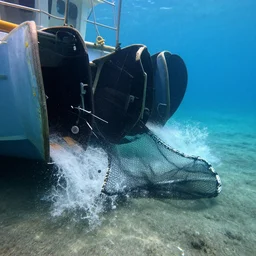 trawl doors and net being towed behind a boat, scraping over the seabed, underwater photo - c 1 1