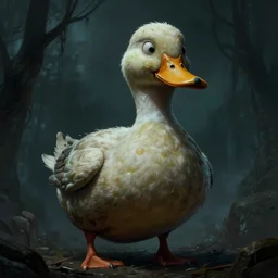 a horror art of gargantuan duck, very dreadful duck, matte painting, dnd, trending on artstation, volumetric lighting, realistic shaded, zdislaw beksinski, spooky, horror art, panic, dread, terror