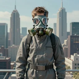 teenager wearing a boiler suit and a futuristic gas mask, city skyline in the background, science fiction, by Dave McKean