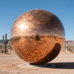 a large copper ball with a mirror finish site in the arizona desert, photorealistic