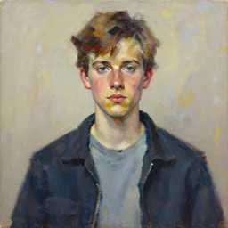 slightly abstract full upper body portrait of a young version of the dude from the big lebowski, by alexandra manukyan, suzy schultz, rough oil painting, visible big brushstrokes