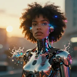 a 3 5 mm photo of a cybernetic woman with led lights and neon with chrome details, splash art, movie still, bokeh, canon 5 0 mm, cinematic lighting, dramatic, afrofuturism, film, photography, golden hour, depth of field, award - winning, anamorphic lens flare, 8 k, hyper detailed, 3 5 mm film grain