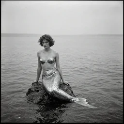 early 1900s photograph of a mermaid in the sea