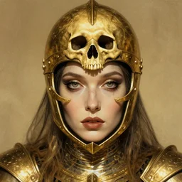 the golden witch as an eldritch realistic knight, closeup portrait art by donato giancola and greg rutkowski, vintage retro, realistic face, digital art, trending on artstation, eldritch lovecraftian skull helmet, symmetry!!