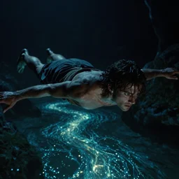dark eerie movie frame, greek fantasy, a man floating above the magic shining river styx, at night, otherworldly, stanley kubrick, 1 7 mm, close up, surreal, deep, detailed 4 k