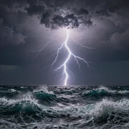 A beautifully strange photoillustration of thunder lightning and waves by Benoit B. Mandelbrot, Gustave Dore, Martin Johnson Heade, Lee Madgwick, and Caspar David Friedrich, Sci-fi fantasy mystical ocean waves thunderstorm lightning, realistic painting, classical painting, high definition, digital art, matte painting, very detailed, realistic, Unreal Engine, octane render, vray, 4k, super wide angle
