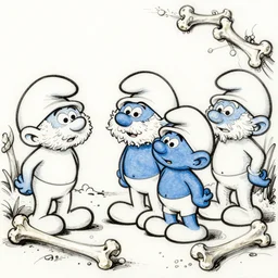 a highly detailed line drawing of smurfs and bones in the style of leonardo davici
