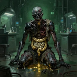 dark green hi-tech sci-fi lab at night, realistic gustave coubert painting of black onyx skin zombie dressed in rags exposed guts crawling in two legs and dripping golden metalic fluid from intestine into a puddle of golden liquid on the floor.