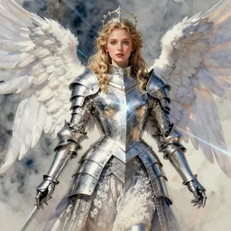 concept art of an empress angel girl in armor rococo outfit, pinterest, artstation trending, behance, watercolor, by coby whitmore, silver, laser light,