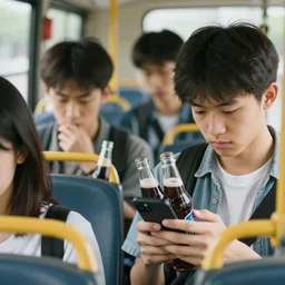 a tired young university student is riding a crowded bus with a couple of fizzy dark beer bottles in his hands. student is looking at his smartphone. close up 4 k photo, bokeh, 5 0 mm, stock photo