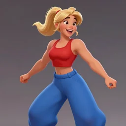 photorealistic Disney, an athletic young woman with blonde ponytails, a happy and enthusiastic expression, wearing a red tank top and voluminous blue pants, fantasy sports illustration, character portrait, medium shot