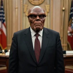 photograph of klingon worf as president of the united states ( ( wearing a suit and tie ) ), 2 0 2 4 in the oval office interior, klingon weapons decorating the walls, realism, moody,, detailed, skin tinted a warm tone, realistic, photoreal, detailed