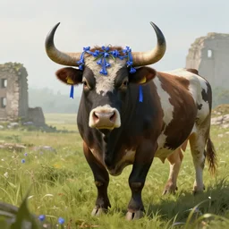 a big bull with horns decorated with bluebells and ribbons, background is the ruins, in the steppe, summer field, misty background, from the game pathologic 2, highly detailed, sharp focus, matte painting, by isaac levitan and asher brown durand,