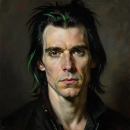 a portrait of nick cave with green streaks in his hair, masterpiece, dramatic lighting, stunning painting by caravaggio, ruan jia, jakub rebelka