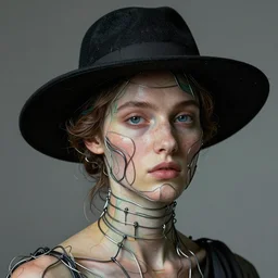 a beautiful Futuristic portrait with hat made by wires twisted around her face ,inspired by egon schiele ,baroque art, new classic,hyper realistic,cinematic composition,cinematic lighting,fashion design, concept art, hdri, 4k -