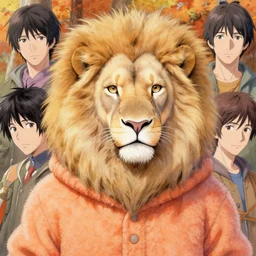 aesthetic portrait commission of a albino male furry anthro lion wearing a cute orange colored cozy soft pastel winter outfit, detailed face , hyperdetailed,  autumn atmosphere. Character design by charlie bowater, ross tran, artgerm, and makoto shinkai, detailed, inked, western comic book art, 2021 award winning painting