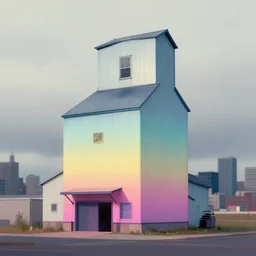 a beautiful, sharp focus, and immaculate overcast grain elevator on the palouse. vaporwave ombre rendering. outrun style. trending on artstation. recommended for you behance. by chris moore. by edward hopper. beeple colors. ambient occlusion. digital matte painting. metropolis filmic. gotham city.