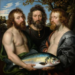 The close portrait of half-fish men by Hieronymus Bosch and Pieter Bruegel, hyper realistic oil painting, 4k, masterpiece