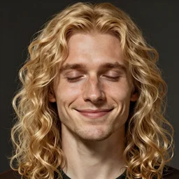 Lucius with closed eyes smiling, very detailed sharp angular masculine face, hooked nose and square jaw long fluffy curly blond hair, light blond hair, gorgeous, beautiful, intricate, highly detailed, digital painting, artstation, concept art, sharp focus, illustration, art by greg rutkowski and alphonse mucha