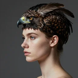 photorealistic profile of an east european model wearing a feather hat in the shape of a hawk, fashion photography, styles by karsh and richard avedon, hyperrealistic, pale, perfect skin, slight body, pout, 8 k, deep focus, perfect eyes, symmetrical features, wlop, face by young michelle trachtenberg, artstation trending, octane render, unreal 5, professional photo, studio lighting, precision facial feature construction w 1 0 2 4
