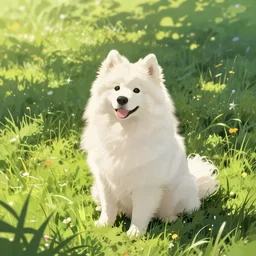 a samoyed dog sitting in the middle of sunny meadow, by Hayao Miyazaki
