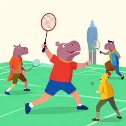 a colorful plastic action figure of men wearing hippo masks playing badminton, by kawase hasui, moebius, Edward Hopper and James Gilleard, Zdzislaw Beksinski, Steven Outram colorful flat surreal design, hd, 8k, artstation
