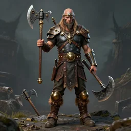 Full body picture of a make Barbarian, axes, Steampunk