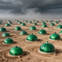 majestic sprawling parched wasteland covered with numerous shiny emerald domes by caspar david friedrich, unsettling mist under mysterious sky, by alexander fedosav, hyperrealism, 8 k resolution, behance hd, artstation, nightcafe
