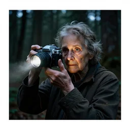 photo of a old lady in the forrest, the blair witch project, analog, dust on lense, flashlight photo, wild life camera, dark, brutal