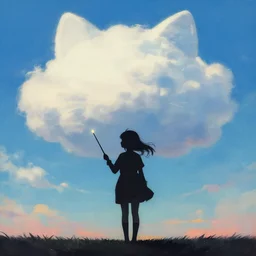 a painting of a silhouette of a girl holding a wand in front of a cat shaped cloud in the sky, a storybook illustration by goro fujita, featured on deviantart, pop surrealism, speedpainting, storybook illustration, digital painting