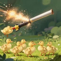 ducklings getting blown up by a bazooka, digital art.