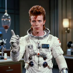 photorealistic medium close shot cinematography of a david bowie in a cheesy 5 0's space suit acting as a man from outter space in a twilight zone episode that takes place in an art deco lab shot on film by the shining cinematographer john alcott on a cooke panchro 1 0 0 mm lens.
