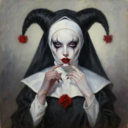 hyperrealistic artnouveau layers of fear portrait oil painting of a seducing demonic jester nun fine delicate details dark and blurry colors in style of michael hussar and alexandermcqueen 8 k sharp focus highlighted