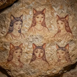 archeological photo of the ancient portraits of catgirls, rock art drawings, cave drawings, symmetrical, cinematic, real dlsr photography, sharp focus, 4 k, ultra hd, sense of awe, archeology journal cover