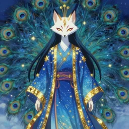 portrait from an anime of an ethereal colorful blue starry peacock fox, accented in bright metallic gold, wearing star filled magic imbued mage robes, art by yuji ikehata, background art by miyazaki, realism, proper human proportions, fully clothed
