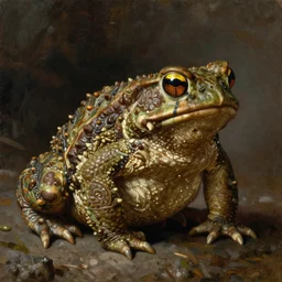 subject:  barbarian toad , style:  very detailed heavy textured rembrandt oil painting with dramatic light , very sharp detail