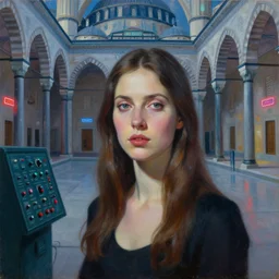 detailed portrait of a beautiful woman, courtyard, capital, mosque interior, reflections, control panel, watcher, omniscient, covered walkway, tech noir, few neon signs, pj crook, greg rutkowski, syd mead, livia prima, surreal oil on canvas