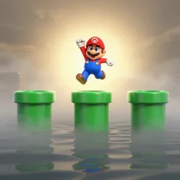 Super mario jumping over glowing green pipes :: misty soft golden glow in the sky :: murky grey water in the foreground
