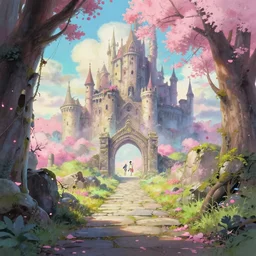 a dreamy emotional 5 0 0 px of stone pathway through portal to dystopian post - apocalyptic abandoned castle, studio ghibli, pixar and disney exploded - view drawing, sharp, disney octane render splatter paint vray by shinji kimura and alphonse mucha and alena aenami, maximalist pastel color palette, ( ( bloom ) ), dramatic lighting