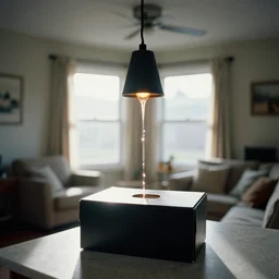 backlit photograph of black box pouring energy into suburban room, crisp focus, 3 5 mm ektachrome