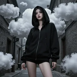 photo of a beautiful female nosferatu, black hoodie, sensual gloomy style, volumetric clouds, alley at night, low angle