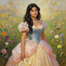 beautiful thirty year old woman with long black hair, tan skin, curvy hourglass figure, round cute face, slight resemblance to selena gomez wearing a modest colorful disney princess gown in a field of flowers. beautiful painting by artgerm and greg rutkowski lois van baarle and bouguereau