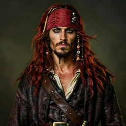 portrait painting of a 3 0 years old rugged masculine muscular male seductive pirate smug expression long long hair soft hair flowing hair crimson hair upper body only chest hair long coat elegant rugged handsome unreal render cinematic lighting art 1 9 2 0 period drama by bussiere rutkowski andreas rocha