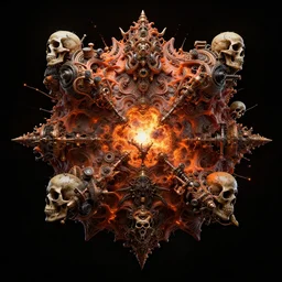 the explosion of the universe from an evil satanic seed, insanely detailed and ornate, anatomical details, mechanical details, orange and black, style of baroque, steampunk noir, octane render, 8 k, black background, skulls, death